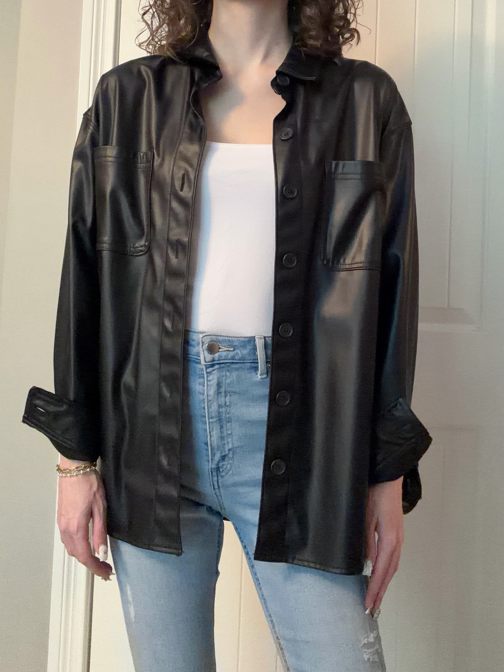 American Eagle black long sleeve oversized  vegan leather button up shirt jacket